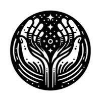 Stylized Black and White Illustration of Hands Reaching Upwards, Cupping a Center of Stars, and a Circle Frame. vector