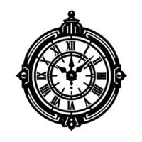 Ornate Black and White Clock with Roman Numerals, Decorative Elements, and Elegant Symmetry, Isolated on White. vector