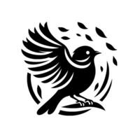 A stylized black bird with spread wings perched on a curved branch, surrounded by leaflike elements within a circle. vector