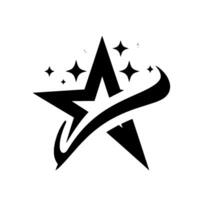 A stylized, black star , incorporating a flowing, curving element and surrounding sparkle accents, presented on a stark white background. vector