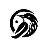 Stylized black bird emblem within a circular frame, featuring intricate feather details and minimalist aesthetic. vector