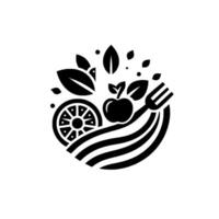 Monochrome circular of an apple, orange slice, leaves, and fork, representing healthy eating in a minimalist . vector