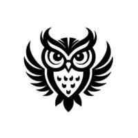 A symmetrical, bold, black and white of a stylized owl with spread wings, exuding a sense of wisdom and nature on white background. vector