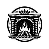 Stylized Black White Fireplace Illustration Burning Flames, Logs, and Arch Structure Within a Circular Frame vector