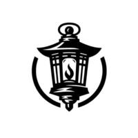 Black and white minimalist Japaneseinspired lantern with a flame, enclosed within a circular frame on a clean, white background. vector