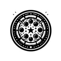 A Stylized, Circular, Black and White Pizza Illustration with Slices, Bubbles, Stars, and Border Dots. vector