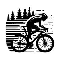 Silhouette of Cyclist in Motion with Forest Background, Illustrating Speed and Adventure, Black and White . vector