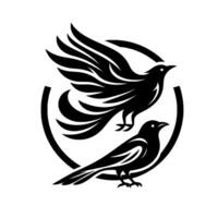Stylized black crow art depicting one bird in flight and another perched, within a semicircular frame, embodying elegance. vector