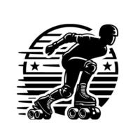 Dynamic black silhouette of roller skater in protective gear, positioned within a stylized circular emblem with stars. vector