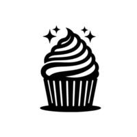 Black and White Cupcake Silhouette with Swirled Frosting and Sparkling Star Accents, on White Background. vector