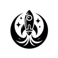Bold, Black and White Rocketship Crest with Stars and Flames, Symbolizing Space Exploration and Ambition. vector