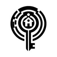 A symbolic black and white illustration featuring a key, a house, and a circular maze, representing home access. vector