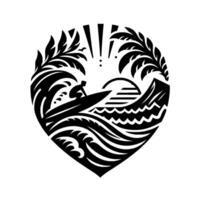 Silhouette of a Surfer Riding a Wave in a Coastal Setting, Framed by Palm Trees and a HeartShaped Ocean Silhouette. vector