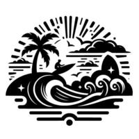 Black and white illustration Surfer riding wave near palmtree island with ocean, clouds, seagulls, and stylized sun rays. vector