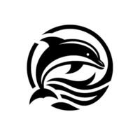 Minimalist Black and White Dolphin , Featuring a Jumping Dolphin in Waves within a Circular Frame, Suitable for WaterBased Brands. vector