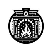 Stylized black and white illustration of a fireplace with burning flames and logs, enclosed within a circular frame, representing warmth and comfort. vector