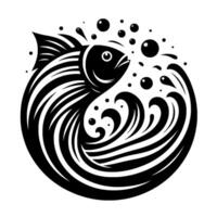 Stylized, swirling black and white illustration of a fish breaking through waves, creating bubbles and a dynamic aquatic scene. vector