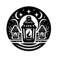 Black White Circular Illustration of Lanterns with Moon Stars, Evoking a Nightly, Festive Atmosphere. vector