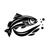 Bold Monochrome Fish Illustration A stylized black and white featuring a fish with striped body, flowing water, and bubbles. vector