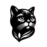 Silhouette of a Cats Head in Black and White with Intricate Details and Whiskers, Facing Forward. vector