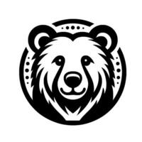 Minimalist Black and White Bear Face within a Circle, Featuring a Smiling Expression, Fur Detail, and Abstract Ornaments. vector
