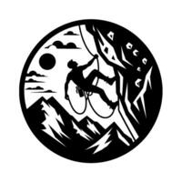 Silhouetted Rock Climber Ascending a Mountain Cliff Face, Framed in a Circular with Sun and Clouds in the Background. vector