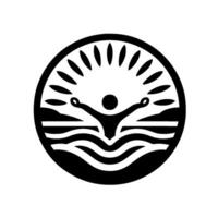 Black and white circular of a person in water, arms outstretched, sun radiating, and abstract landscape elements. vector