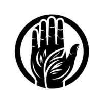 A stylized black and white open hand emblem within a circular frame, featuring leaflike designs in the palm, representing connection or offering. vector