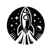Black and White Rocket Ship Launching into Space with Stars and a Planet in a Circular Composition. vector