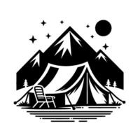 Black and White Camp Scene Tent with Mountain Backdrop, Stars, Moon, Chair, Trees, and Tranquil Atmosphere. vector