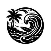 A black and white circular of a tropical beach scene featuring a palm tree, waves, a surfboard, and stylized clouds, creating a vibrant and dynamic surfinspired illustration. vector
