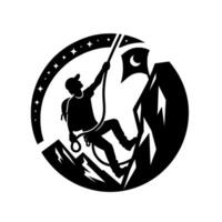Silhouette of a determined climber ascending a mountain under a starry night, securing a flag with a crescent moon. vector