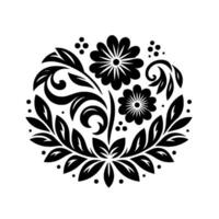 Intricate Black and White Floral A symmetrical arrangement of stylized flowers, leaves, and swirls in a decorative circular pattern. vector