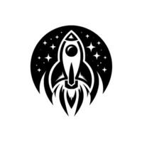 Bold Black and White Illustration of a Rocket Ship Soaring Through a StarStudded Night Sky Within a Circular Frame. vector
