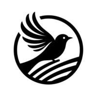 Silhouette of a bird in flight, perched on stylized branches, within a circular frame, rendered in solid black on a white background. vector