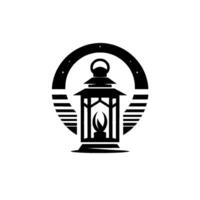 A stylized black and white of a lantern with an illuminated flame, framed by a circle with horizontal lines. vector