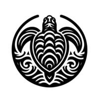 Intricate Black and White Turtle Within a Circular Frame, Inspired by Polynesian Art with Detailed Patterns and Oceanic Motifs. vector