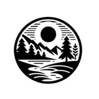 A black and white circular , stylized nature scene, a silhouette of mountain range, sun, trees, and lake. vector