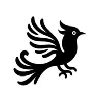 A stylized, minimalist black bird in flight, rendered with a flowing, curved , and a white background. vector