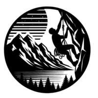 Silhouette of a rock climber ascending a cliff under a starry night sky, contained within a circular frame with a mountain range, lake, and forest. vector
