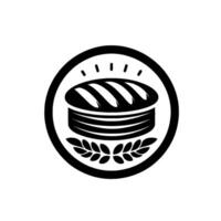 Monochromatic bakery featuring a loaf of bread with a sliced top and layers, set within a circle, surrounded by wheat, and dots. vector