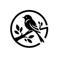 Black and white stylized illustration of a bird perched on a branch within a circular frame, minimalist . vector
