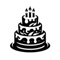 A stylized, threetiered birthday cake illustration featuring dripping frosting, decorative leaves, and three lit candles, rendered in monochrome on white. vector