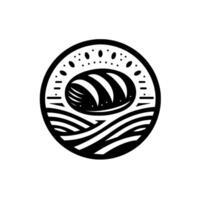 A stylized, monochrome bread loaf within a circle, with wheat fieldlike base and dotted elements. vector