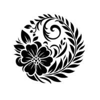 Intricate Black White Floral Composed Within a Circular Frame with Detailed Leaves, Petals, and Swirls on White Background. vector