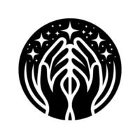 Symbolic Black and White Illustration Cupped Hands Holding Sparkling Stars Within a Circular . vector