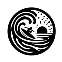 A stylized, monochromatic circular depicts a surfer riding a wave at sunset, capturing a sense of adventure and serenity. vector
