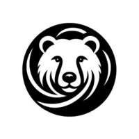 A minimalist, black and white circular features a friendly bear face with stylized fur details, evoking a sense of warmth and strength. vector