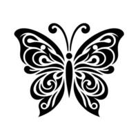 Symmetrical Butterfly Silhouetted with Intricate Swirls and Geometric Patterns, Set Against a Pure White Background. vector
