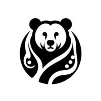 Simplistic black and white bear , enclosed within a stylized circle, featuring ornamental designs. vector